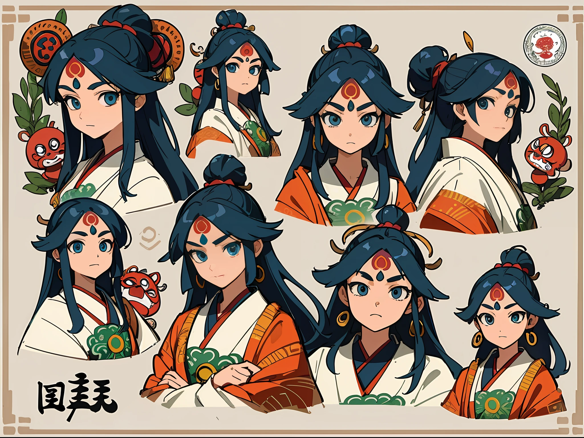 (Masterpiece, best quality) detailed, character list, Indian girl with many items, yokai illustration style, Aztec art, full of details, character sheet, multiple poss and expressions, highly detailed, depth, many parts