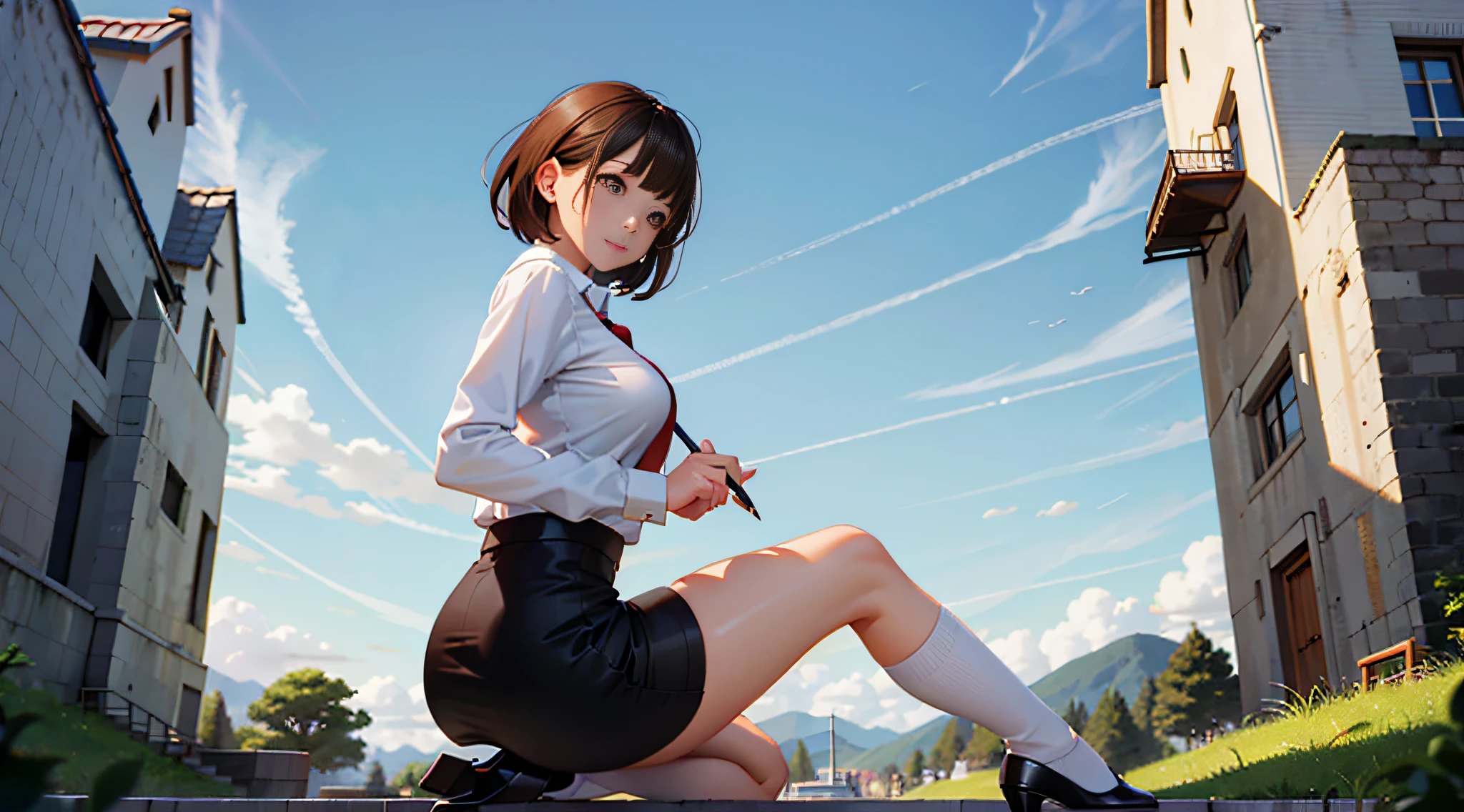 masterpiece, best quality,1girl,young girl,brown eyes,short hair,happy smile,shiny skin,(nice leg line:1.3),thin waist,huge breasts
BREAK
school uniform,necktie,((pencil skirt)),high heels
BREAK
park,crowd,depth of field,looking at viewer,squatting,from behind,upper body,legsupsexms