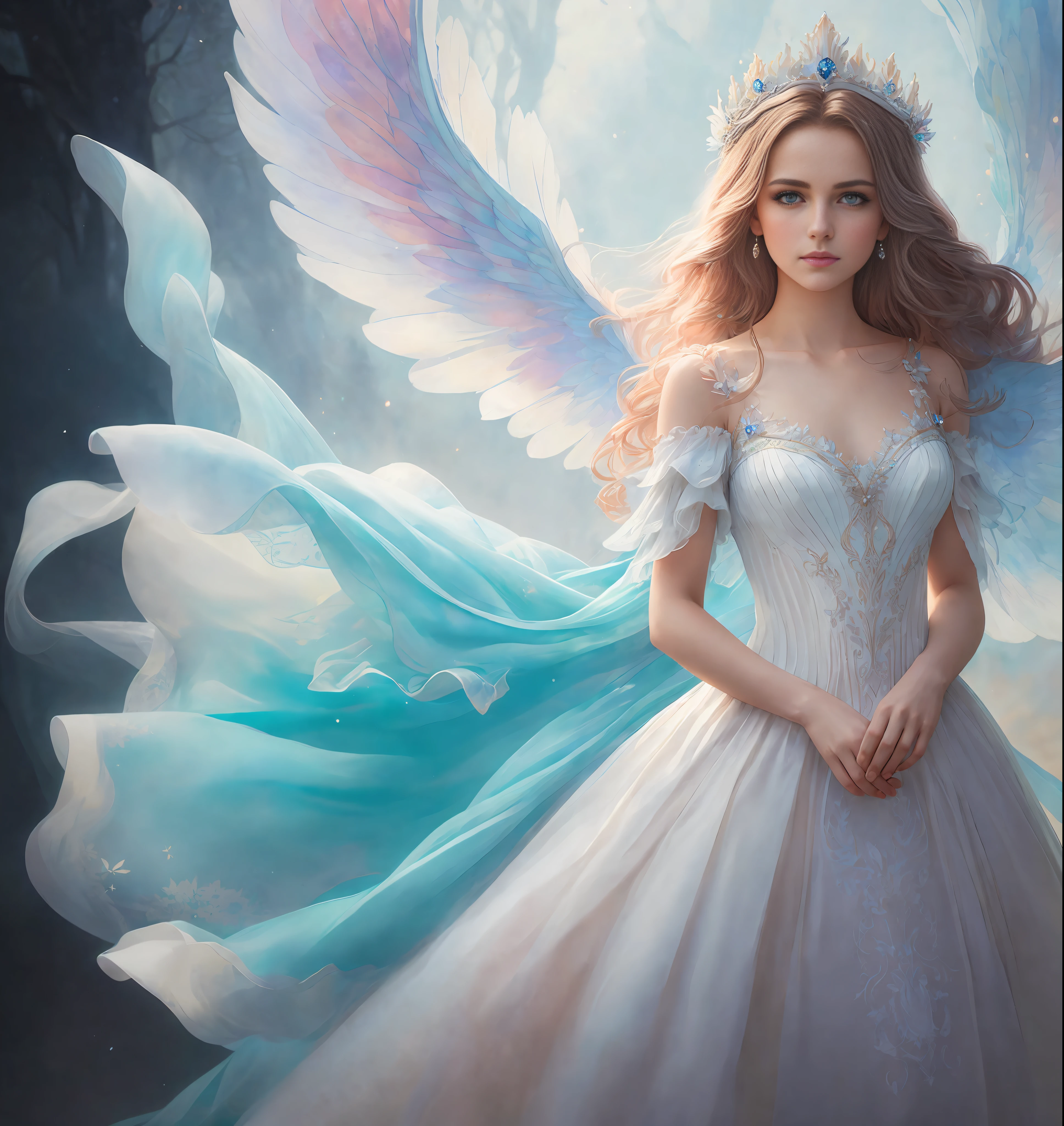 a photography, HD,, photo, woman, beautiful dress ornate, in the style of stefan kostic, realistic, half body shot, sharp focus, 8 k high definition, insanely detailed, intricate, elegant, art by stanley lau and artgerm, extreme blur flames background, Princess girl with wing, Blue, Pastel, glitter, dramatic, dreamy, pastel, Watercolor, Whimsical, Delicate, seashell crown, Trending on Artstation, Highly detailed, Intricate, Portrait, digital painting, Fantasy theme, Fantasy robes, Fantasy concept art, Fantasy character art, Smug, Teenage girl, perfect body, full body, dreamy, pastel, Watercolor, Whimsical, Delicate, seashell crown masterpiece, 8k, perfect lighting, , adult, female, cowboy shot, looking at viewer, cinematic lighting, Fawn