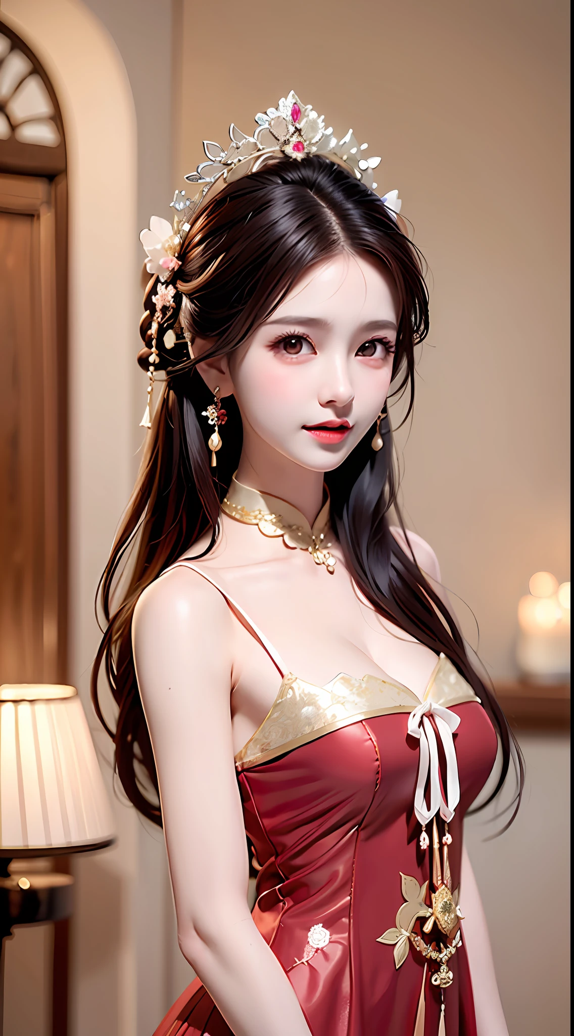 1 young empress wearing red lace top, deep-breasted nightgown, Chinese-style clothes, ancient costumes with many phoenix patterns, flawless white and pink face, crown on her head, black hair hip length, very beautiful and sharp brown eyes, small red lips, painted lips, charming smile, jewelry worn around the neck, earrings, white and even teeth, high nose, big round breasts, elongated legs, thin mesh black socks, portrait, most realistic, highest quality, best pixels, 8k ultra,