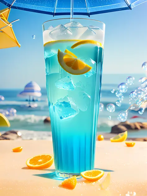 High detail, a glass filled with blue drinks, lemons, kumquats, ice cubes, bubbles, sea beach, umbrellas, contour lights