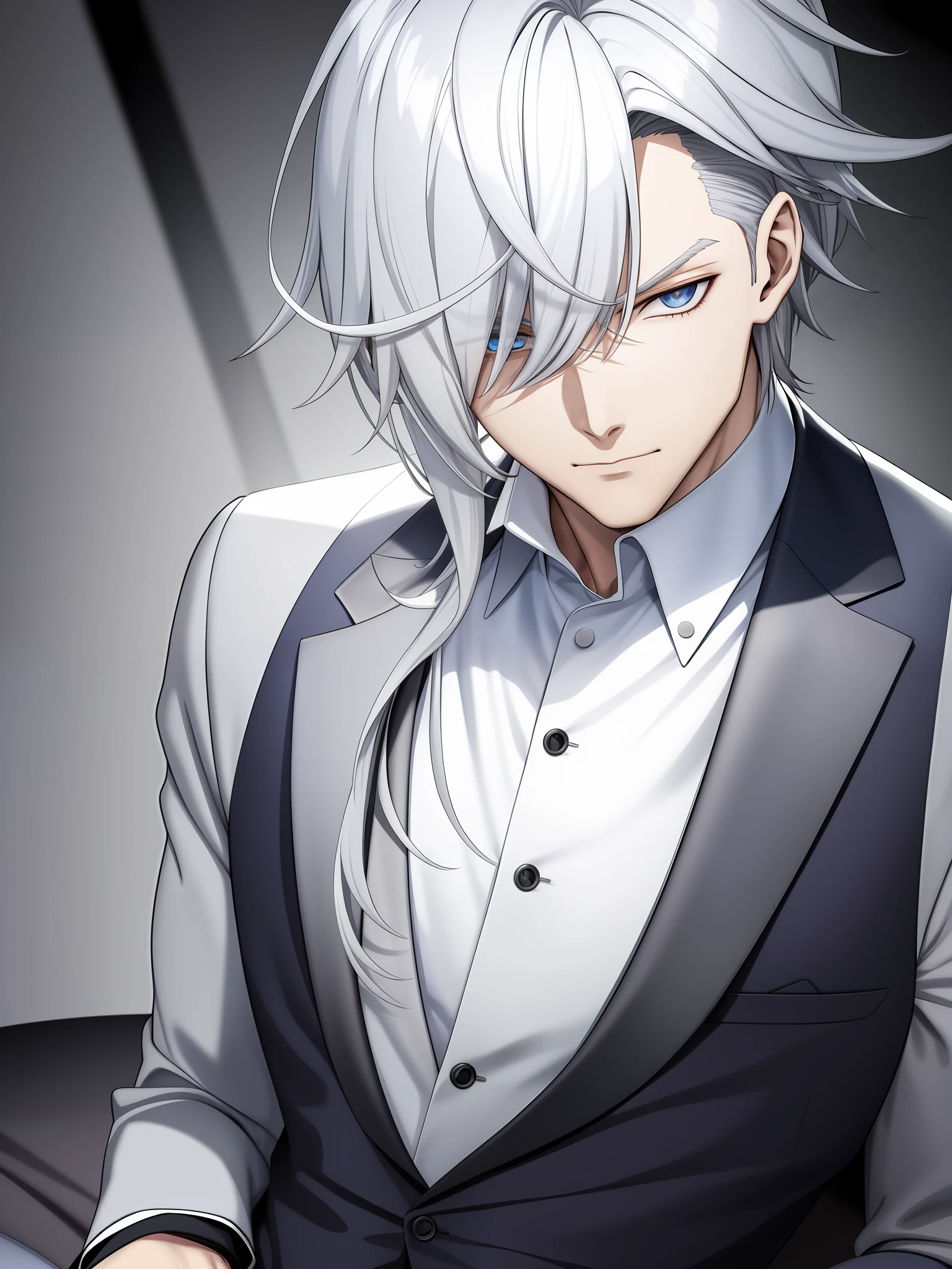 man, Silver-haired, Wearing a suit, Sitting on sofa in room, Upper body, Shredded, ((Handsome)), Bishonen, (Diagonal eyes)), Big nose, Oval face, Very detailed, High key, Clothes and hair reflect light, Dramatic lighting, Rim lights, Anime male characters, Official Art, (Anime)