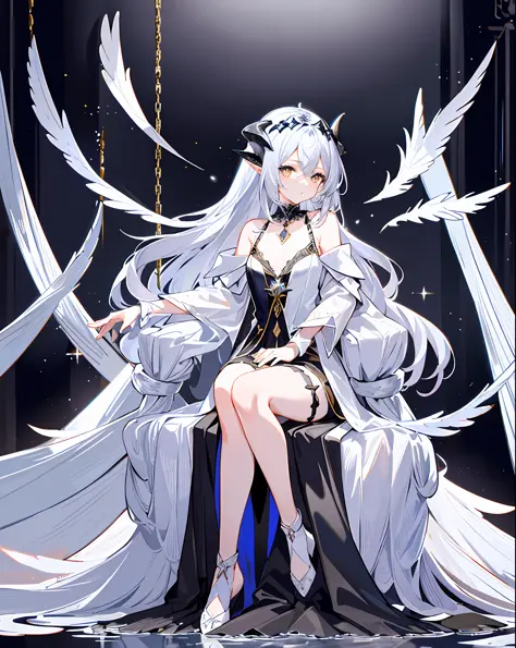 1 female, bare shoulders, flat chest, cold and delicate face, feathers, extra-long blue and silver silver hair, flowing black fe...