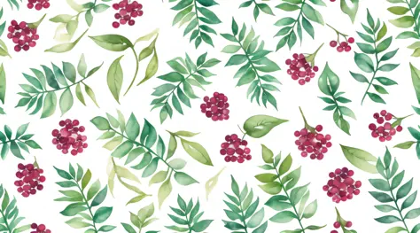 Watercolor pattern with beautiful flowers, berries, ferns, leaves and calm colors on #3b4195 color background. Watercolor paper texture.