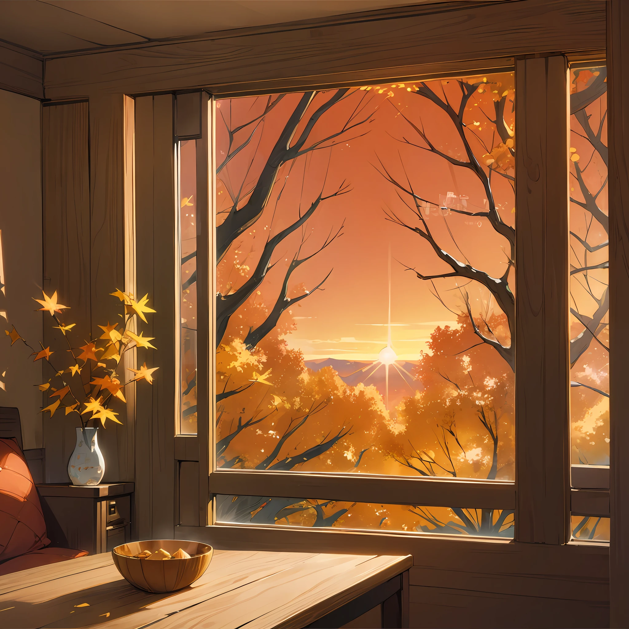 (((Cozy cartoon avatar))), autumn golden sunset, soft light, warm atmosphere.