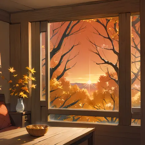 (((cozy cartoon avatar))), autumn golden sunset, soft light, warm atmosphere.