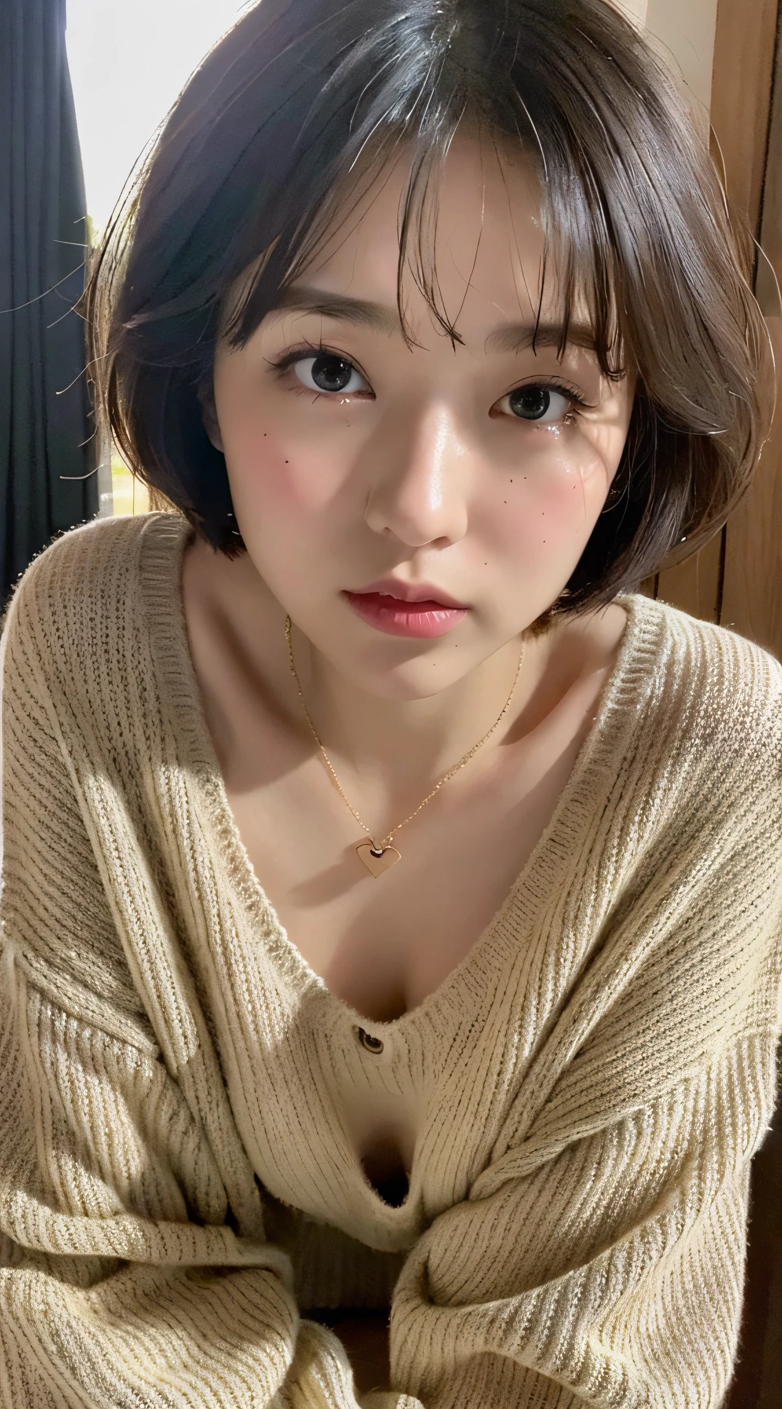 (Best Quality, 8k, 32k, Masterpiece, UHD: 1.2), Cute Japan Woman Pictures, Small Breasts, Very Short Bob Hair, Upper Body, Face Focus, (oversized_sweater, A: 1.1) Necklace, Tokyo, Fetal Position, Viewfinder Watch, Sweetheart