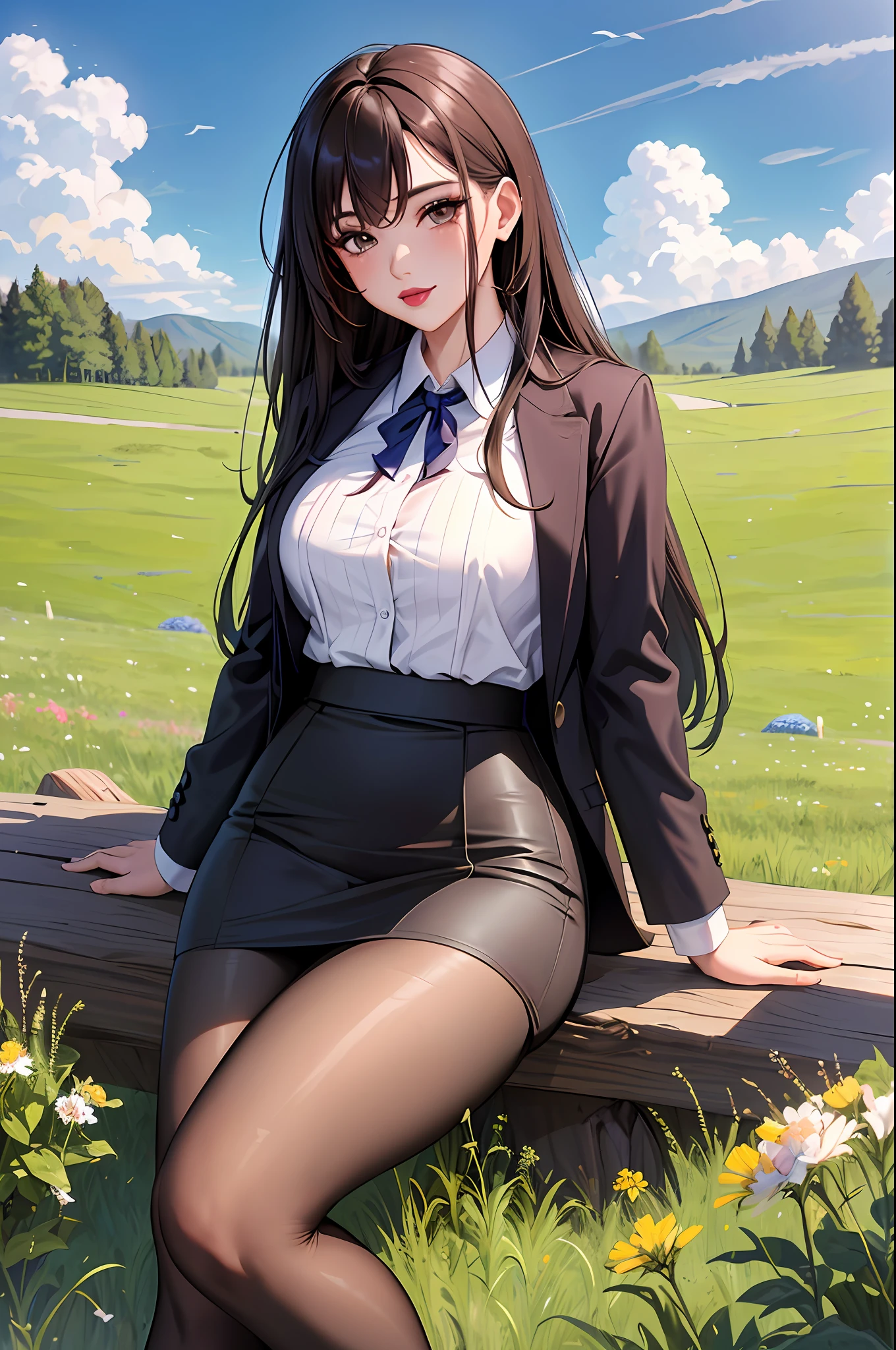 4K, Meadow, pasture, dirt road, clear sky with some clouds, bushes,depravity,thick thighs, woman, teacher, pencil skirt, lipstick,makeup, pantyhose,
