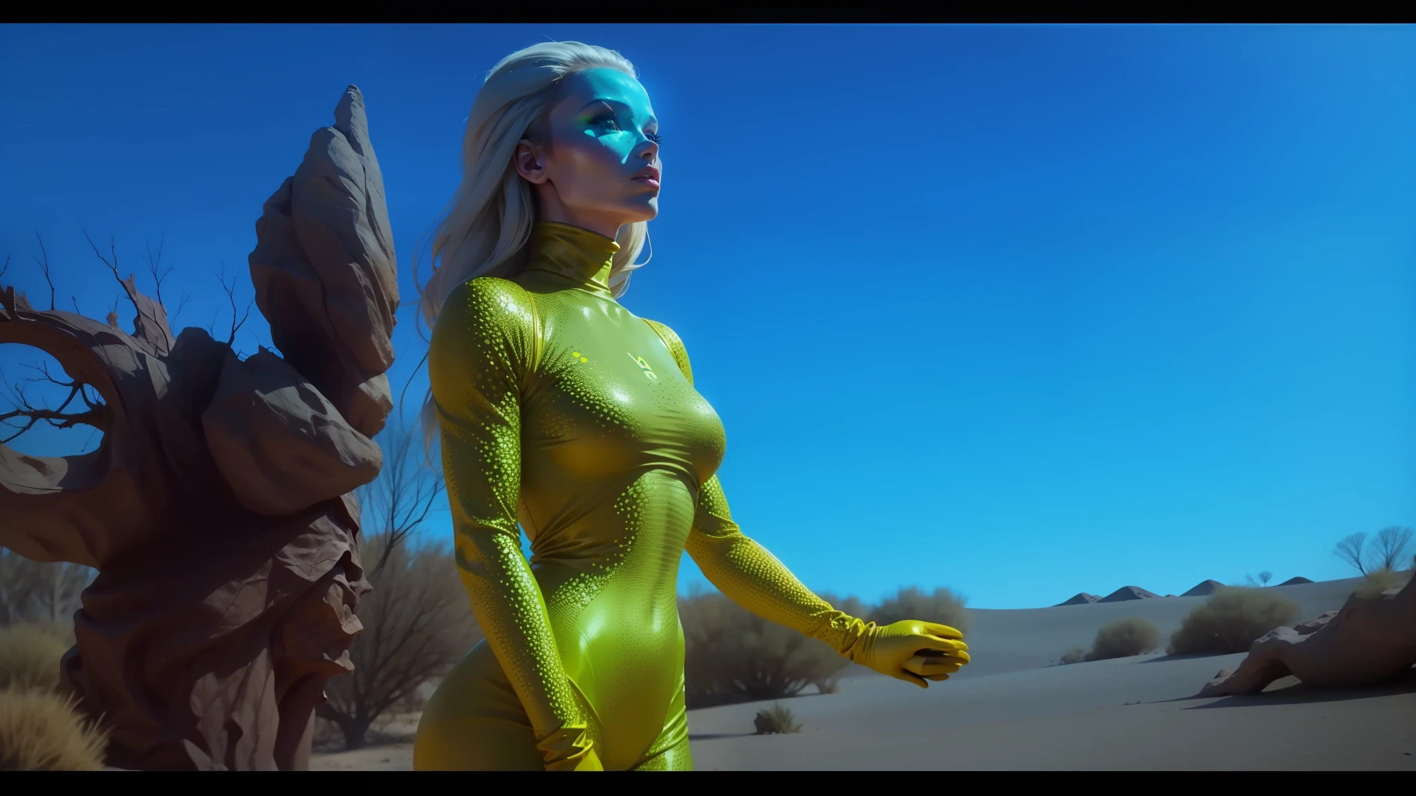 A woman in a yellow bodysuit and blue makeup standing in a desert - SeaArt  AI