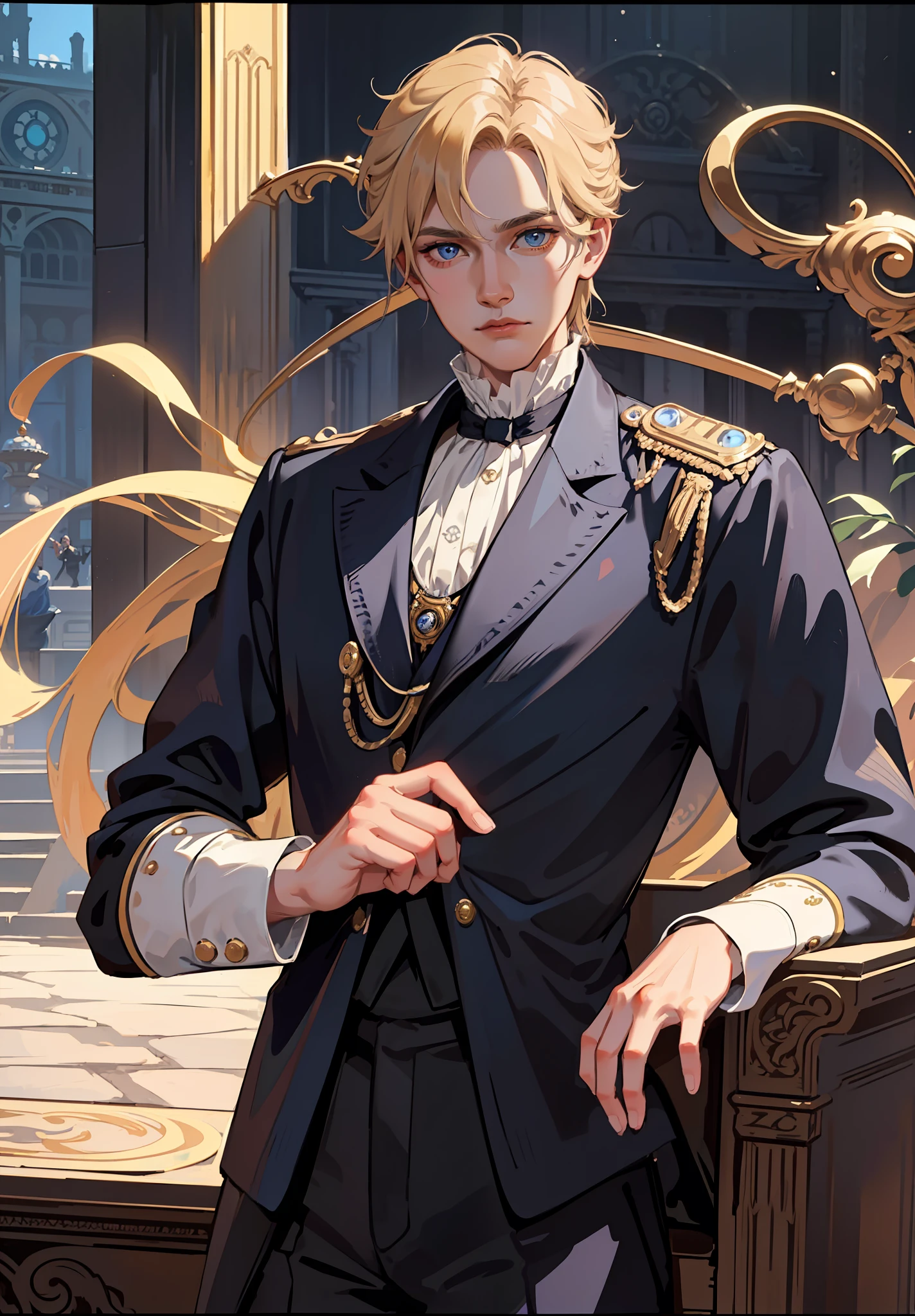 Prince, blue eyes, blonde hair, black outfit, young, mature, masculine man, gold earring, quality, tan skin, solo, blue eyes, naruto with victorian attire, ((((victorian boy attire)))), 1 boy, solo, uzumaki naruto, whiskermark, ((((masterpiece)))), (best quality), ((Hyper detailed)), ((High detail)), ((Exquisite detail)), (1 boy), (solo), (cowboy shot), (looking at viewer),((outside)), (((antique))), ((palace)), ((garden)), ((fountain)), (flower), ((mature male)),((victorian outfit)), ((tall and muscular)),