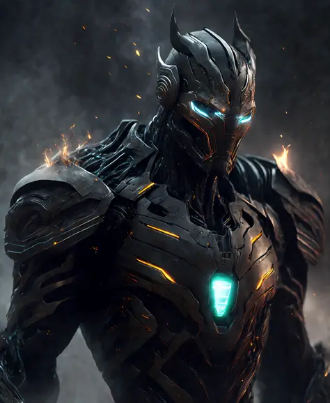Close-up (Ultron from Marvel in Viking style: 1.3) emerging from wet black mud, extremely detailed, smoke, sparks, metal shavings, flying debris, volumetric light