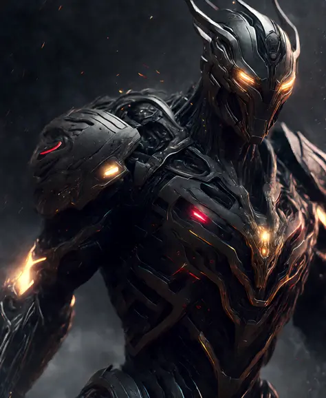 Close-up (Ultron from Marvel in Viking style: 1.3) emerging from wet black mud, extremely detailed, smoke, sparks, metal shavings, flying debris, volumetric light