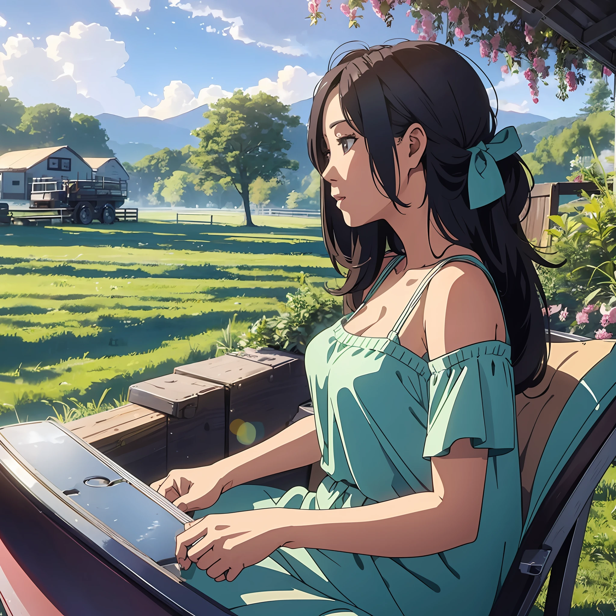 There is a woman sitting on the farm, sie boob, profile picture, sexy girl,  high quality upload - SeaArt AI