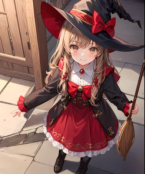 masterpiece,1 girl,solo,crimson_style_costume, majo_costume, witch_hat,brooch, boots,broom,holding_broom,standing,side,bust shot,witch,smile