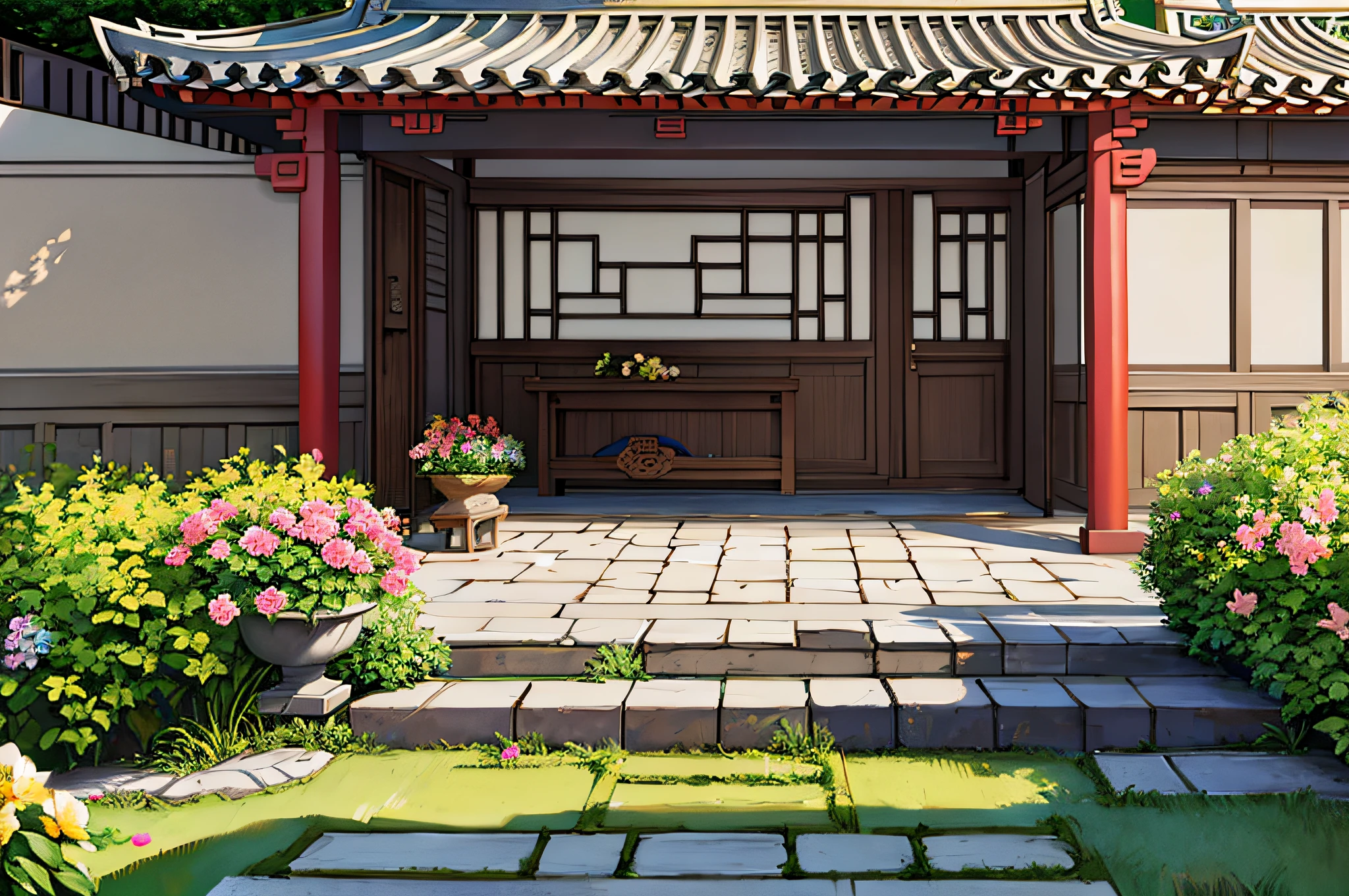 Small courtyard, close-up of doorway, [stone table (stone bench)], flowers, grass, book, (8k, original photo, best quality, masterpiece), ancient Chinese style.