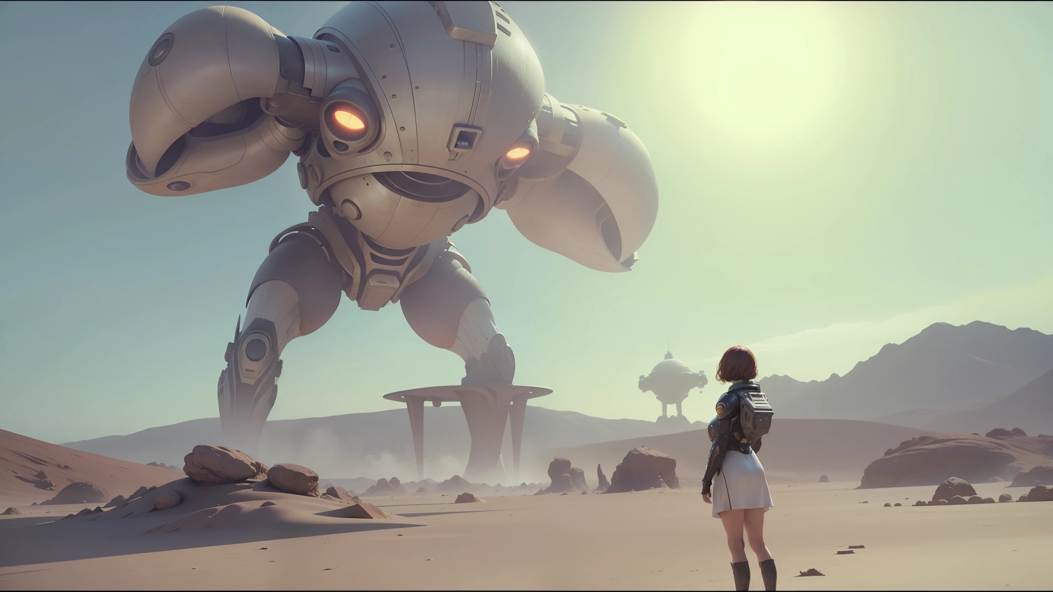 A woman standing in front of a giant robot in a desert - SeaArt AI