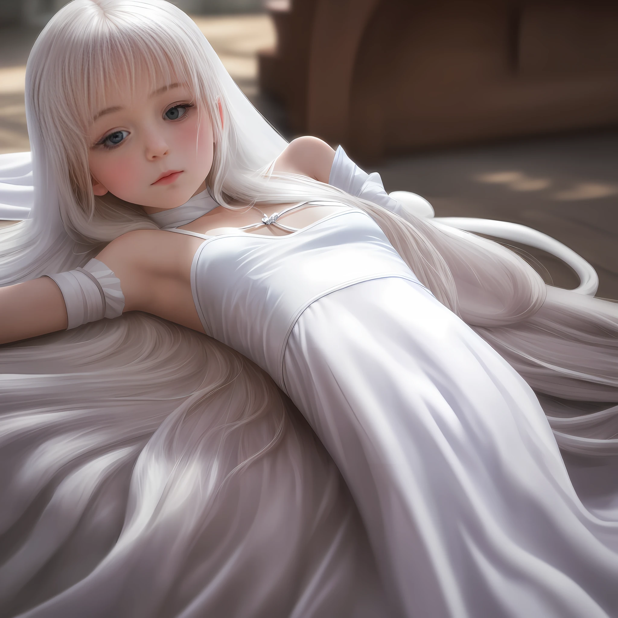 Anime girl laying on a bed with white sheets and a white dress - SeaArt AI