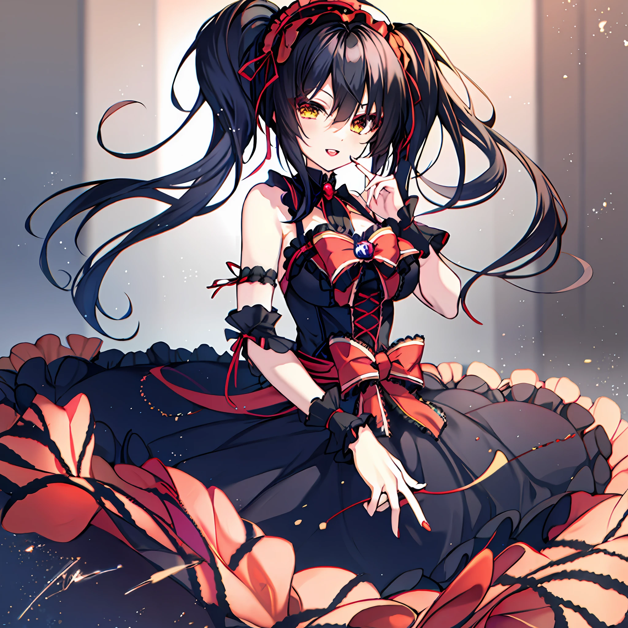 1 beautiful girl, masterpiece, top quality, 8K anime, 1 girl, solo, detailed fingers, precise fingers, not unnatural hands, odd eye, black hair twintails, kurumi tokizaki, large breasts,