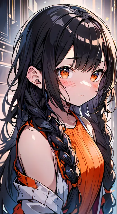 Top Quality, Masterpiece, Ultra High Definition, 8k, Orange Sweater, Anime Style Little Loli, Single, Ultra Detailed Line Art, Digital Enhancement, Anime Core, Flowing Fabric, Close Up, ((Hair length to shoulder and short braid)), staring at me from the fr...