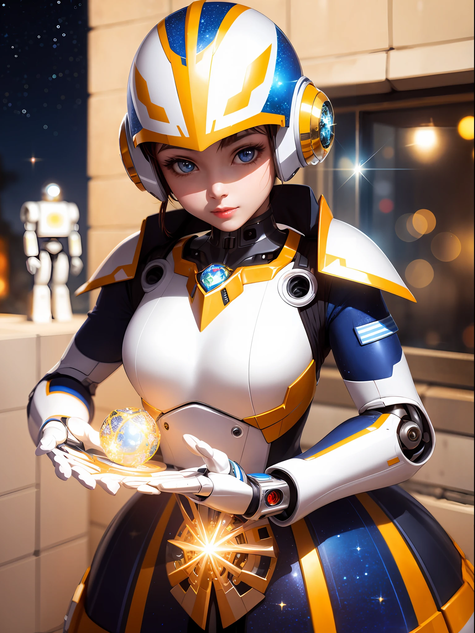 masterpiece, best quality, ultra detailed, colorful, lens flare, upper body, solo, robot, modular helmet, robot joints, jewelry ornament, white armor, shining parts, sparkling, starry sky,