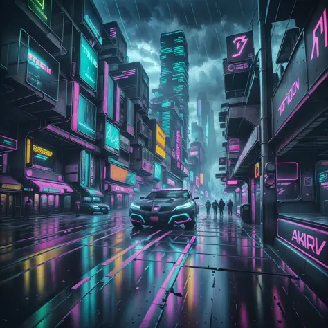 (futuristic city:1.1), hyper-realistic cyberpunk environment, (inside a car:1.2), surreal neon lights, (dark and gritty ambiance...