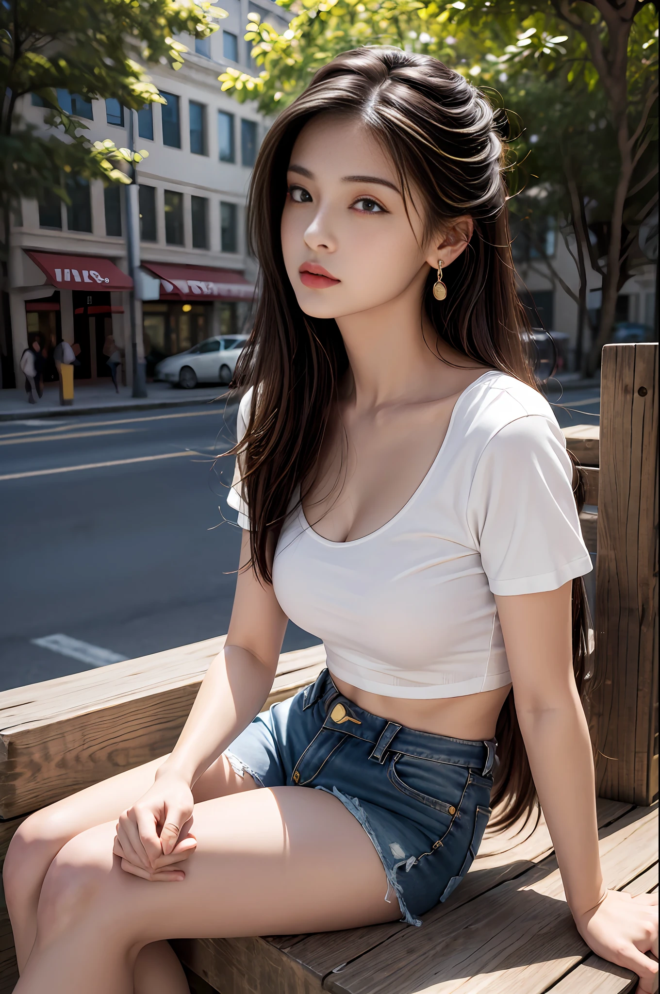 Best quality, masterpiece, super high resolution, (realistic: 1.4), original photo, (evening street), 1 girl, black eyes, looking at the audience, long hair, light makeup, lips, small ears, white t-shirt, denim shorts, earrings, sitting Ferrari, big breasts, slim