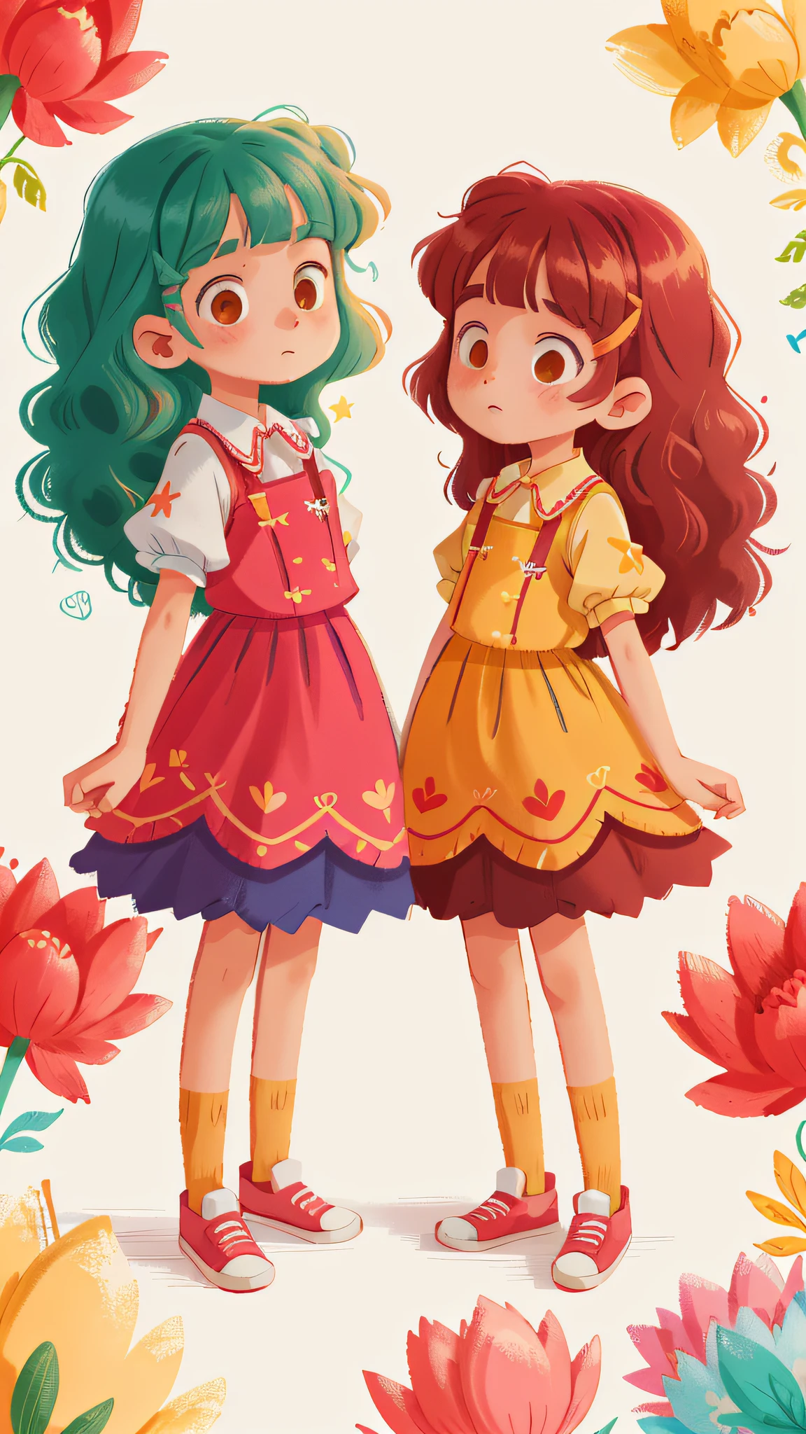 Two twin girls Livia and Lavinia wearing colorful clothes, curly brown hair.