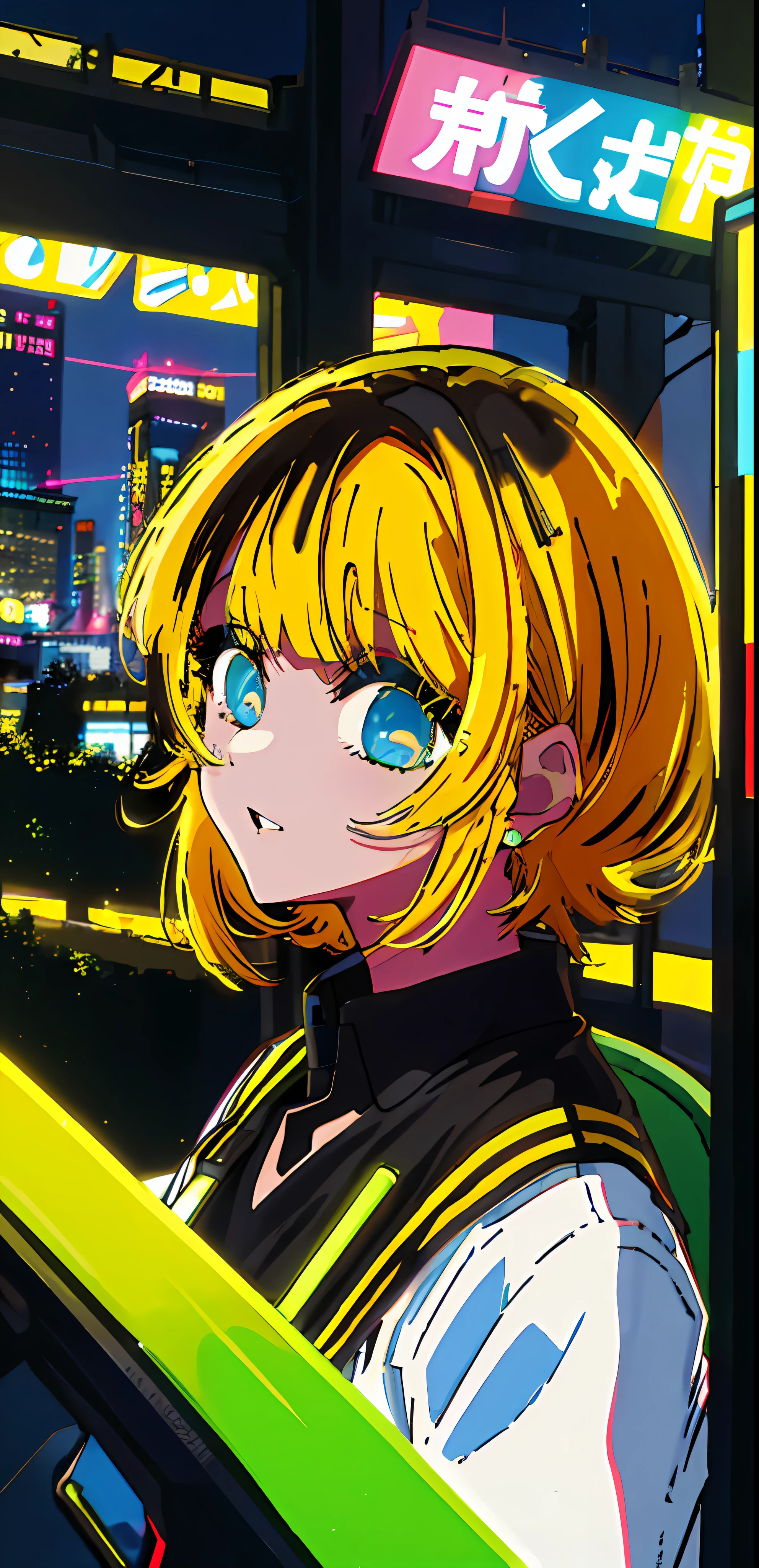 1girl, solo, adidas black blouse, bangs, happy, messing with cell phone, multicolored hair, (masterpiece: 1.2), highres, best quality, 8k, neon night city background of tokyo, yellow hair