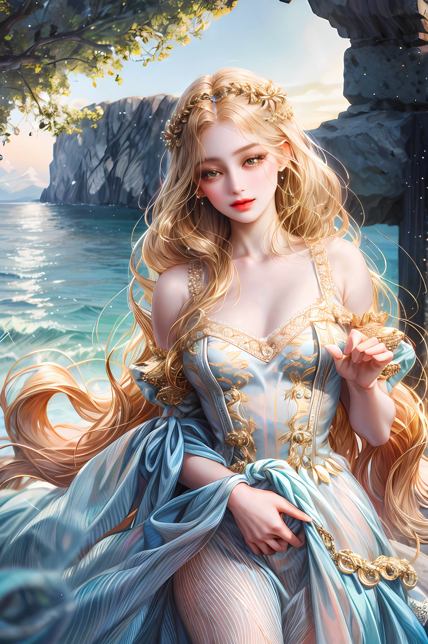 ( High quality , ultra detailed, careful with hand )Zodiac - Gemini goddess , similar to latin goodness , twin girl which one is light and one is dark , Curious, skillful, humorous, seductive, imaginative face , Sometimes impractical, restless, nervous, careless style ,  light brown eyes , light blonde hair , transparent dress , in the ocean with wind  , whole body , flirty make up look ,