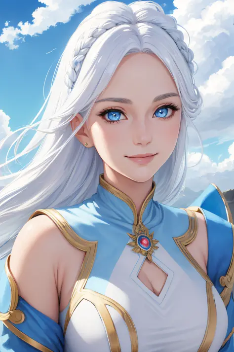 (high quality:1.2, masterpiece:1.2)), 1 girl, beautiful face, white hair, blue eyes, dynamic pose, (goddess of virtue and purity...