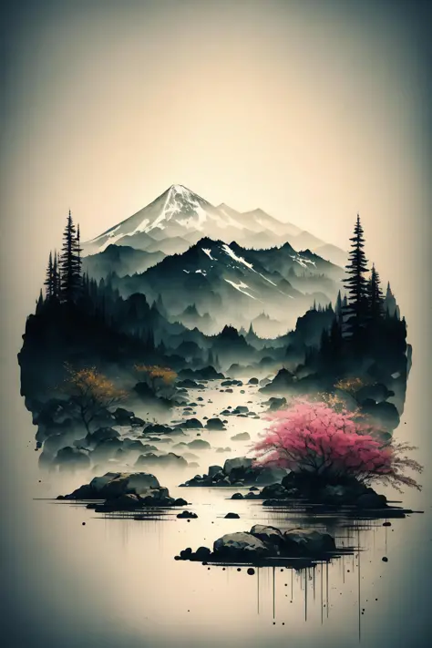 white background, scenery, ink, mountains, water, trees