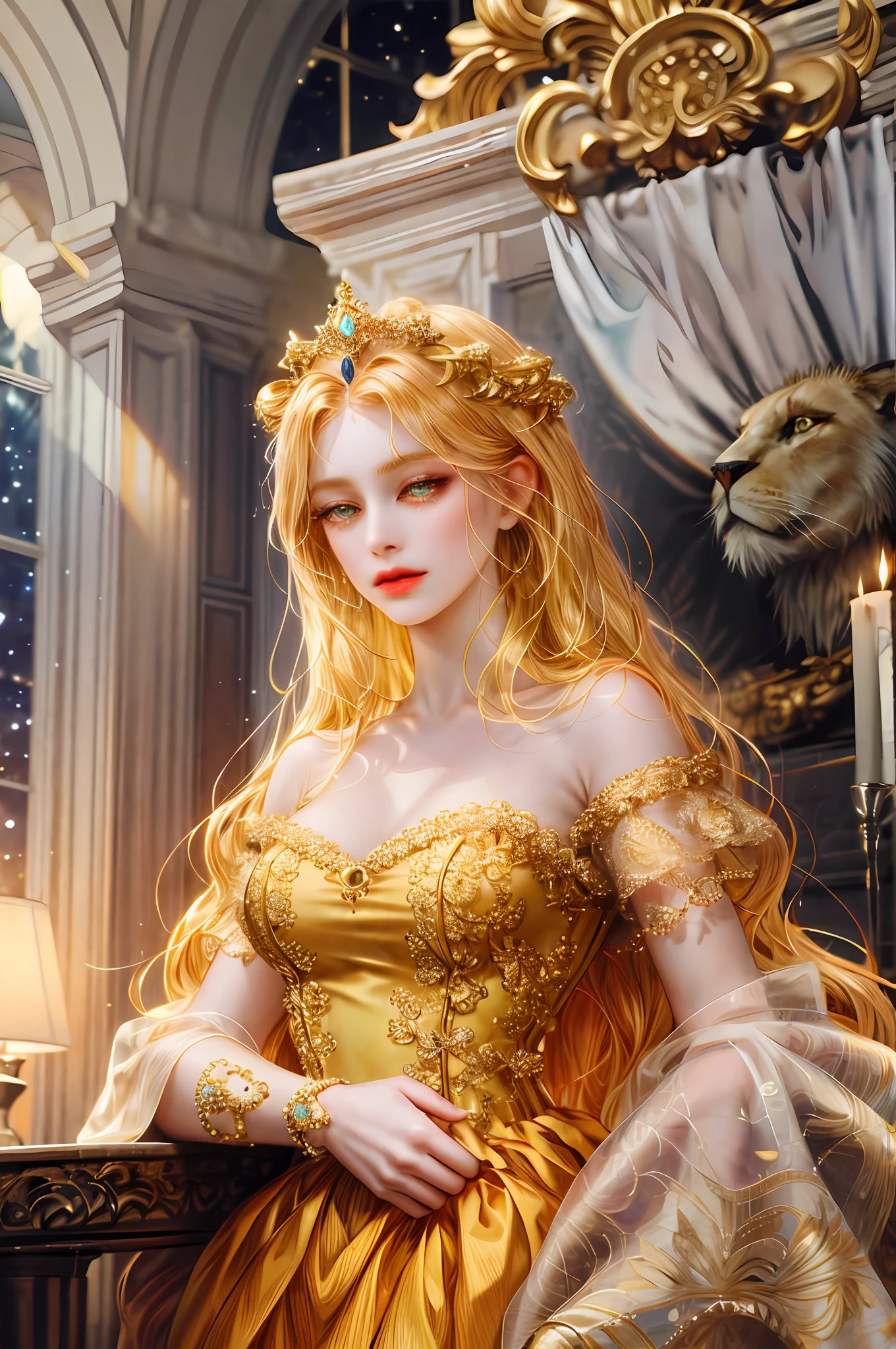 ( High quality , ultra detailed, careful with hand )Zodiac - Leo goddess , similar to latin goodness , Dominant, courageous, aristocratic, idealistic face , Arrogant, impulsive, despotic, hedonistic style ,  golden eyes(eyes detail), golden-yellow hair , transparent dress , in the golden ocean , whole body , strong make up look , That girl has lion vibe