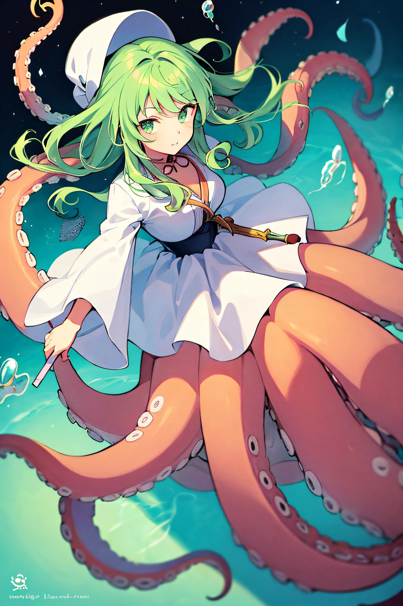 Chica anime con cabello verde claro y un vestido blanco sosteniendo una varita., diosa pulpo, Scylla, chica monstruo anime, obra maestra, mejor calidad,