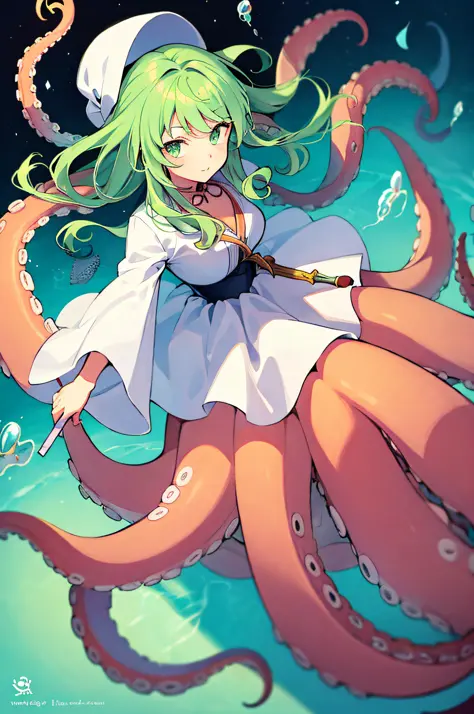 anime girl with light green hair and a white dress holding a wand, octopus goddess, Scylla, anime monster girl, masterpiece, bes...