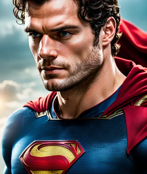 photo of henry cavill is superman , superhero, upper body,cinematic, movie, grain movie (2023s)1boy, building destroyed , realis...