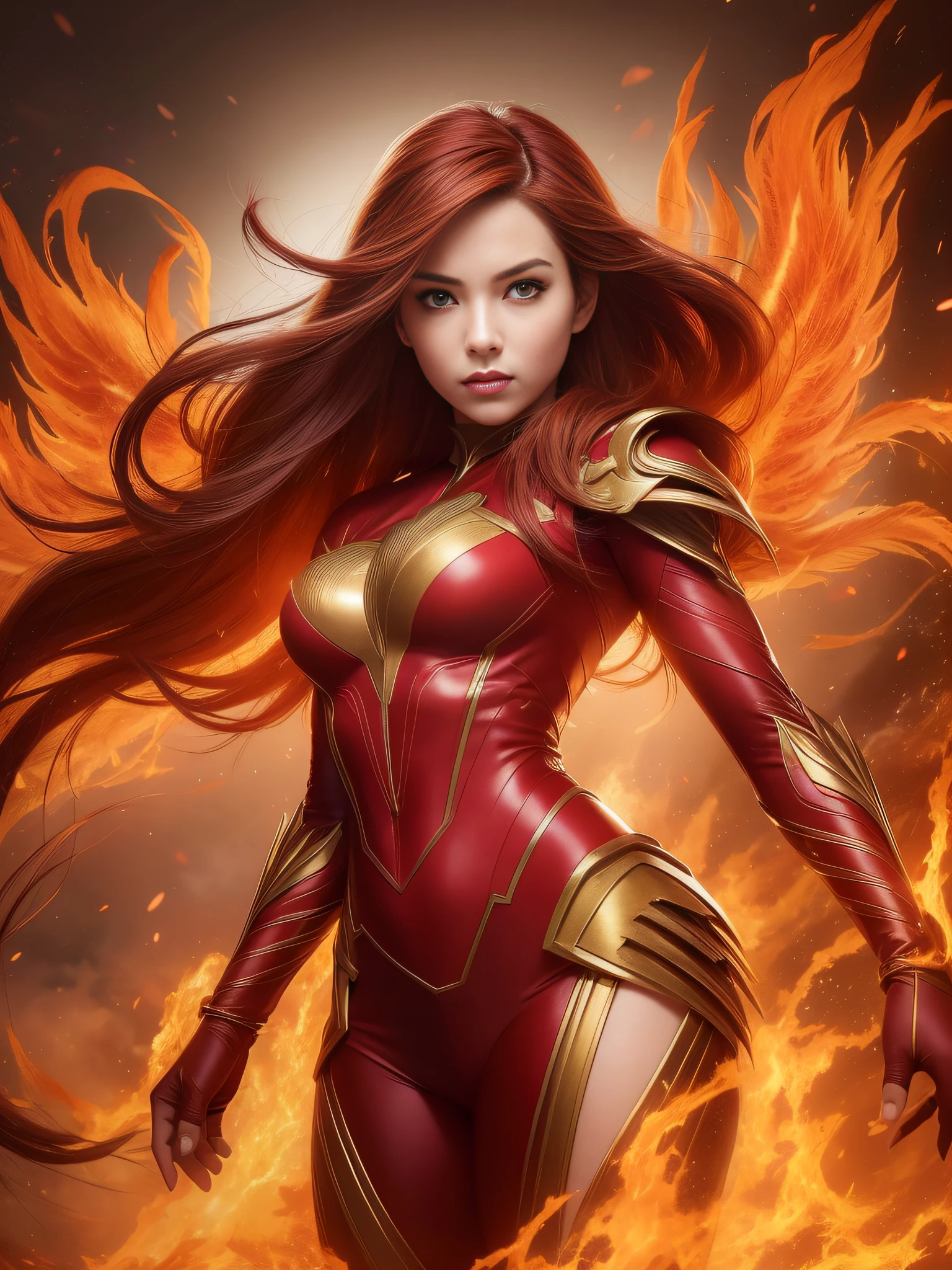 Describe Jean Grey in her Phoenix form, with flaming fire feathers protruding from her back and enveloping her body. Her eyes glow with a golden light as she floats in the air, surrounded by an aura of flames. His hands are stretched forward, sparks of cosmic energy coming out of his fingertips. She wears a red and gold suit with patterns of fire feathers, and her expression is determined and powerful. In the background, there is an intense glow of flames and a silhouette of trees burning amid the flames.
