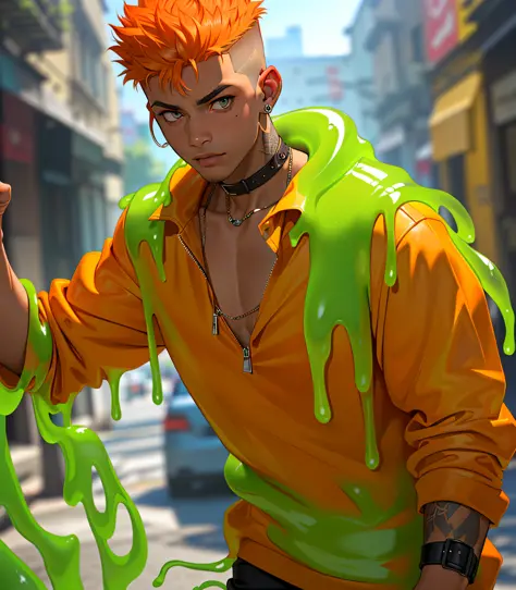 Slime boy, (slime) Slime hair Hi-top fade style, Fulvous orange, wearing punk clothing, Masterpiece, Best Quality