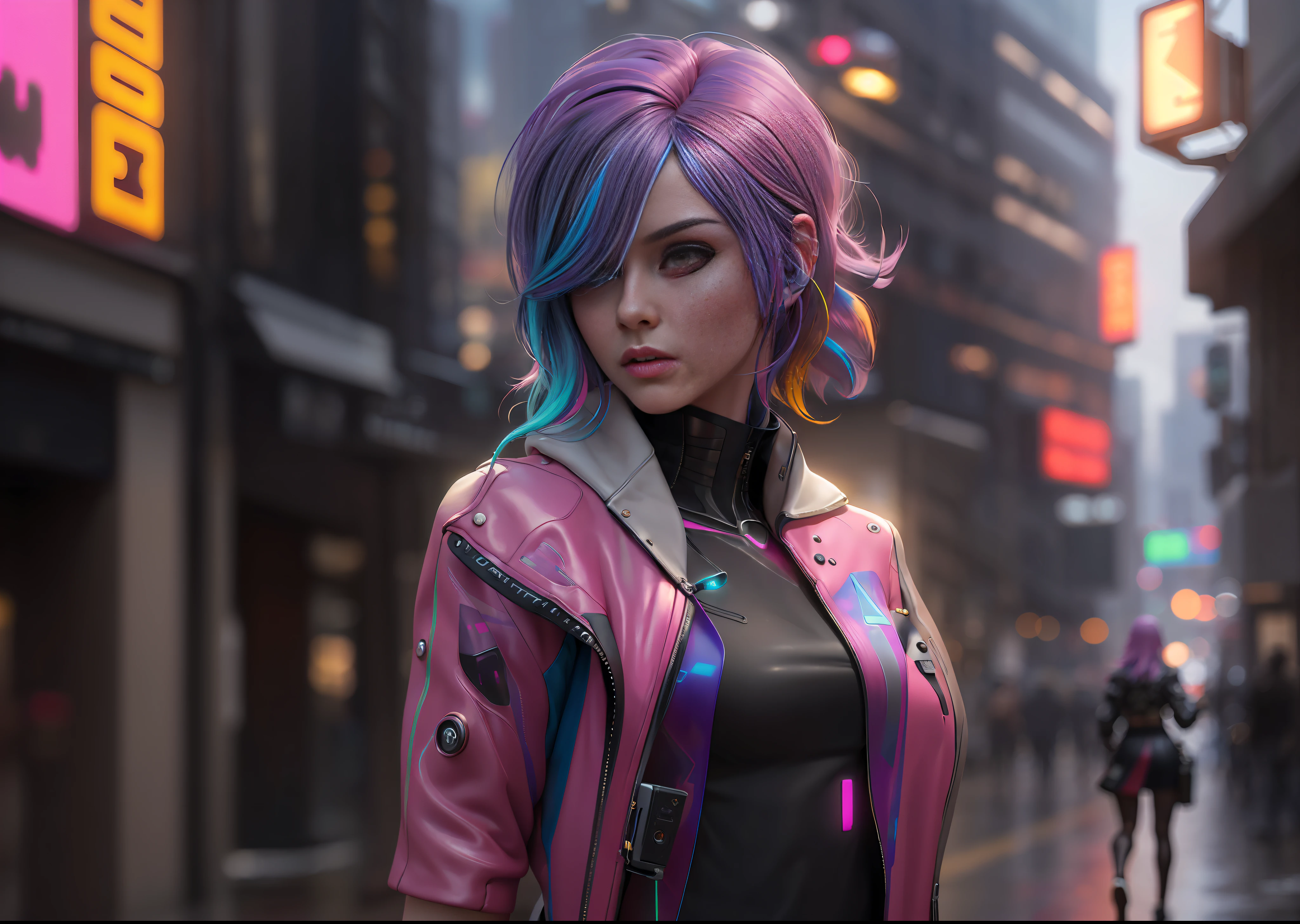 photorealistic, ultra realistic,3D, artstation, cgsociety, 8 k,
award winning photography of a beautiful woman walking in the city, (cyberpunk), (multi color hair:1.2), cheekbones, detailed face,  a nice leather jacket, ((see-through)) top, skirt
colorful, vibrant