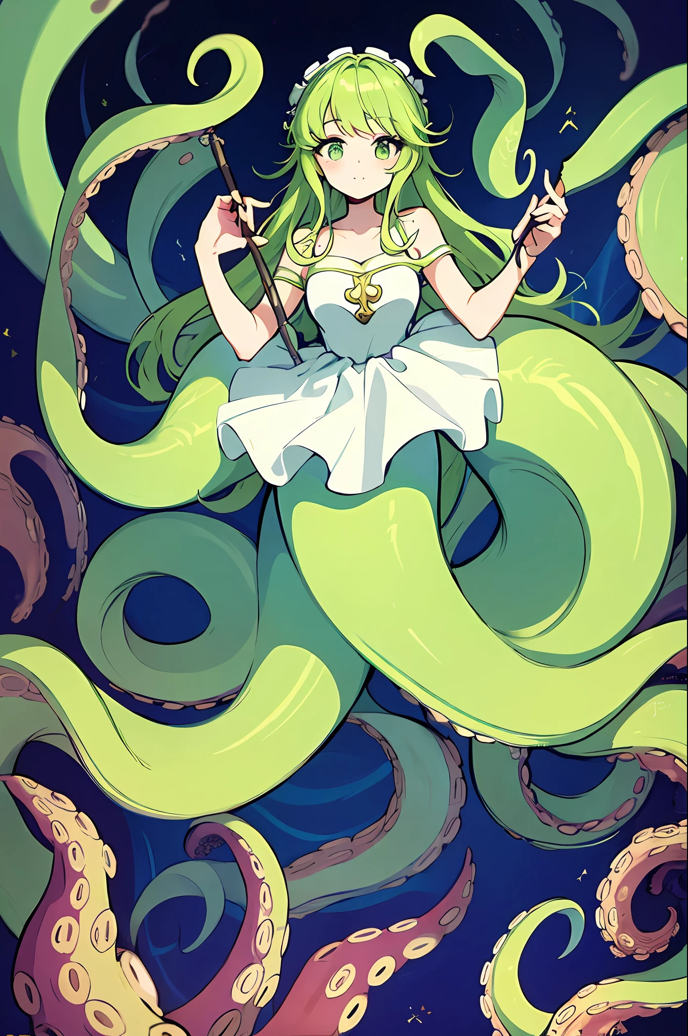 garota anime com cabelo verde claro e um vestido branco segurando uma varinha, deusa polvo, cila, garota monstro de anime, obra de arte, melhor qualidade,