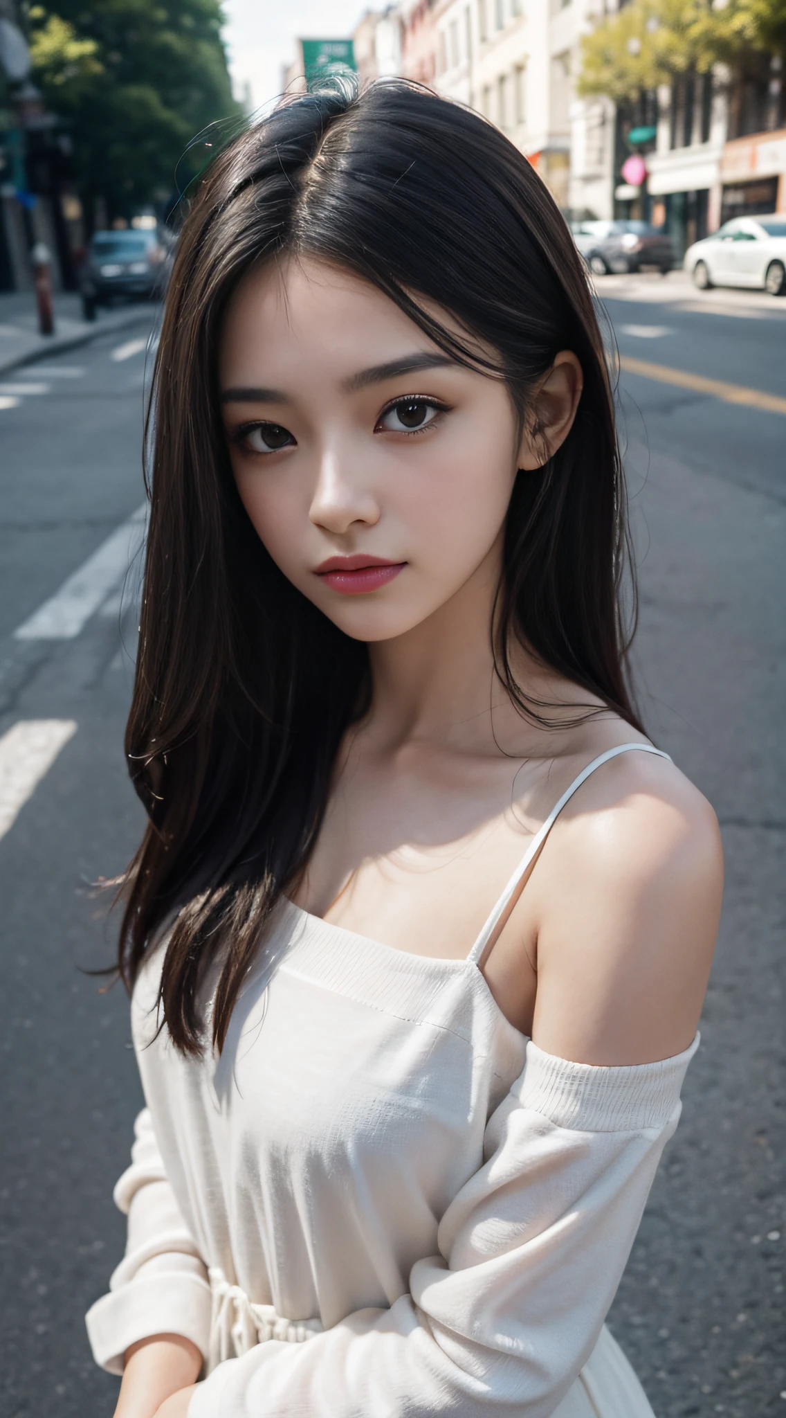 Masterpiece, highest quality, crazy details, exquisite facial portrayal, ((casual wear)), 8K resolution, delicate face, cute peerless beauty, delicate and translucent eyes, silver messy long hair, on the street, (brilliant light and shadow), soft focus, real shadows, 8K HD, upper body close-up, depth of field, beautiful smooth collarbone, medium chest, ultra clear, FROM ABOVE