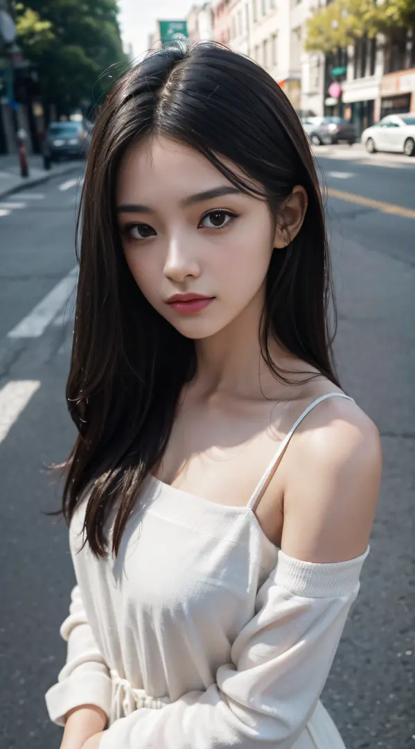 Masterpiece, highest quality, crazy details, exquisite facial portrayal, ((casual wear)), 8K resolution, delicate face, cute peerless beauty, delicate and translucent eyes, silver messy long hair, on the street, (brilliant light and shadow), soft focus, re...
