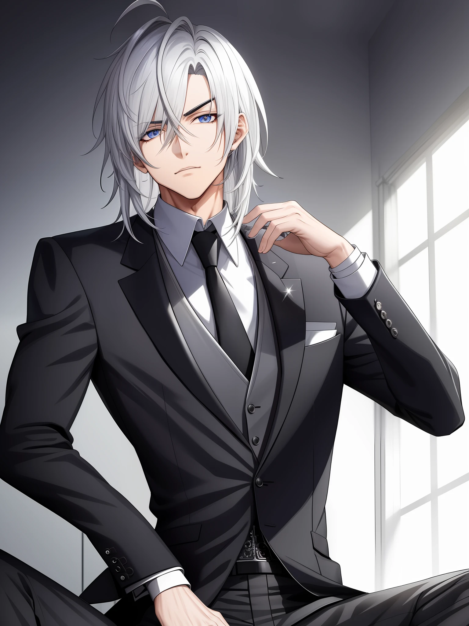 man, rough silver hair, wear black suit, sit on sofa in room, open legs, upper body, solo, shredded, ((ikemen)), bishounen, ((slanted eyes)), big nose, oval-face, highly detailed, high-key, clothes and hair reflecting light, dramatic lighting, rim light, mobile game male characters, official art, game illustration, (anime)