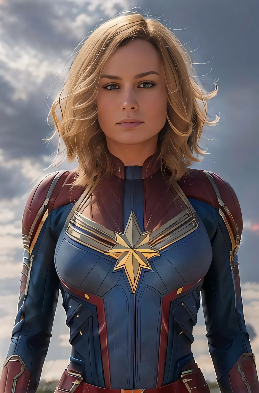 A woman in a captain marvel costume standing in front of a cloudy sky -  SeaArt AI