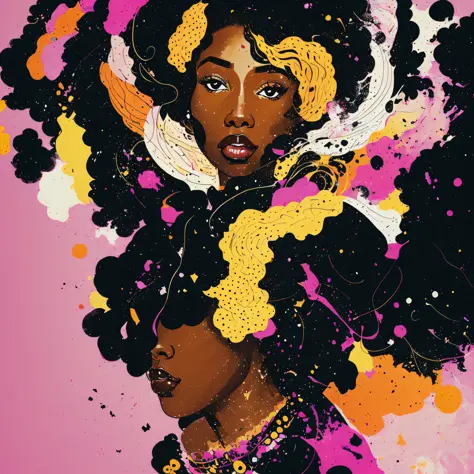 illustration of confident young black woman, bravery pose, heroine, soft and abstract background --auto --s2