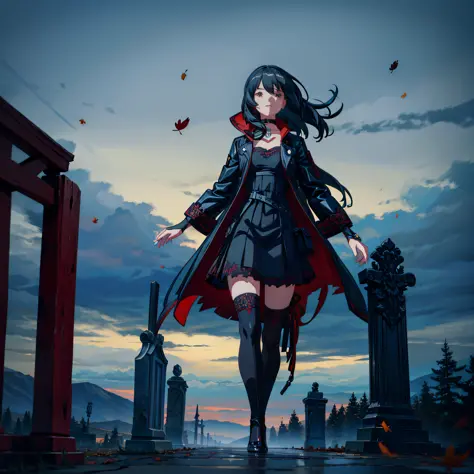 long blackshiny hair, shoulder length, bright black eyes, tall and slender figure, wine red dress, skirt fluttering over calves,...