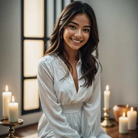 (RAW photo, best quality), (realistic, photo-realistic face of smiling Latina woman, looking at the viewer, detailed face, wearing white clothes: 1.3), extremely delicate and beautiful, amazing, fine detail, masterpiece, ultra-detailed, highres, (best illu...