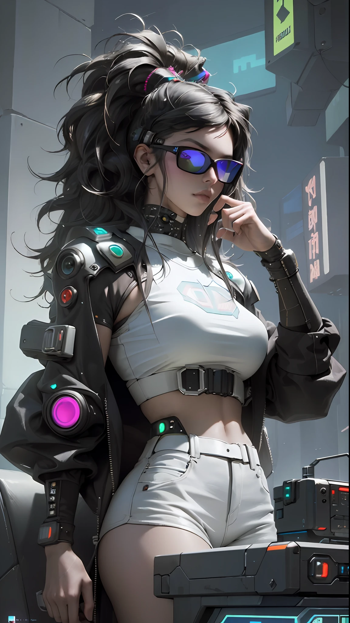 ((Best quality)), ((masterpiece)), (highly detailed:1.3), 3D, beautiful (cyberpunk:1.3) hacker woman with thick voluminous hair operating a computer terminal