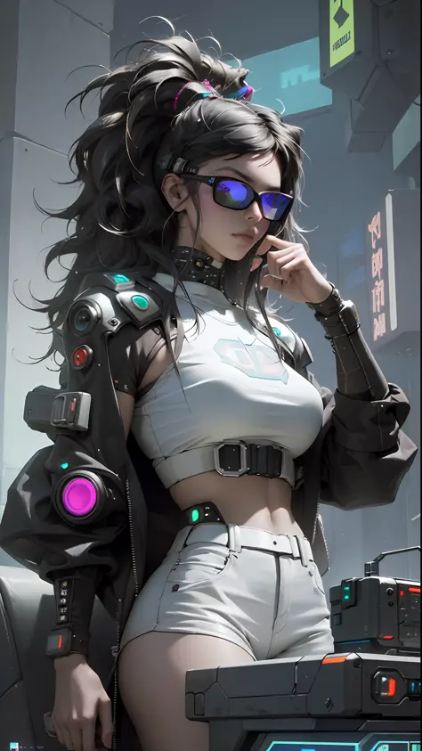 ((Best quality)), ((masterpiece)), (highly detailed:1.3), 3D, beautiful (cyberpunk:1.3) hacker woman with thick voluminous hair ...