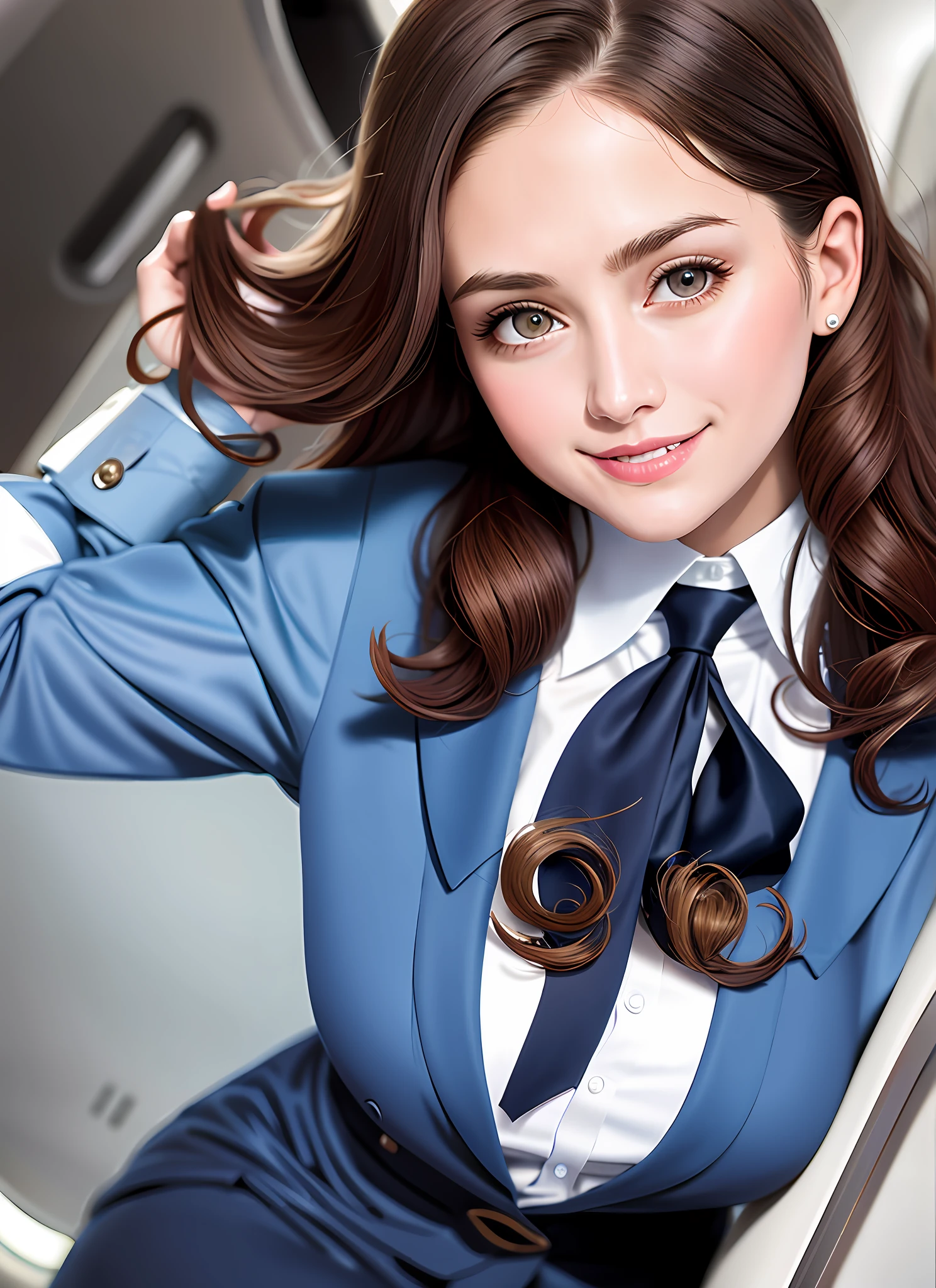 ultra realistic photograph, RAW professional photograph, 1girl, 23yo, flight attendant, brown hair, standing, elegant blue vintage stewardess uniform, slim, hazel eyes, beaming smile, inside a commercial airliner, jacket, looking at viewer, necktie, long hair, curly hair, blue skirt, solo