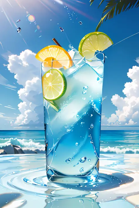 Using the right hand, macro photography depicts scenes themed on summer tropical beach vacations. The protagonist of this photo is a cool glass filled with an iced carbonated drink. Lens focus glasses, dazzling midday sun, fisheye lens, distant view, (spla...